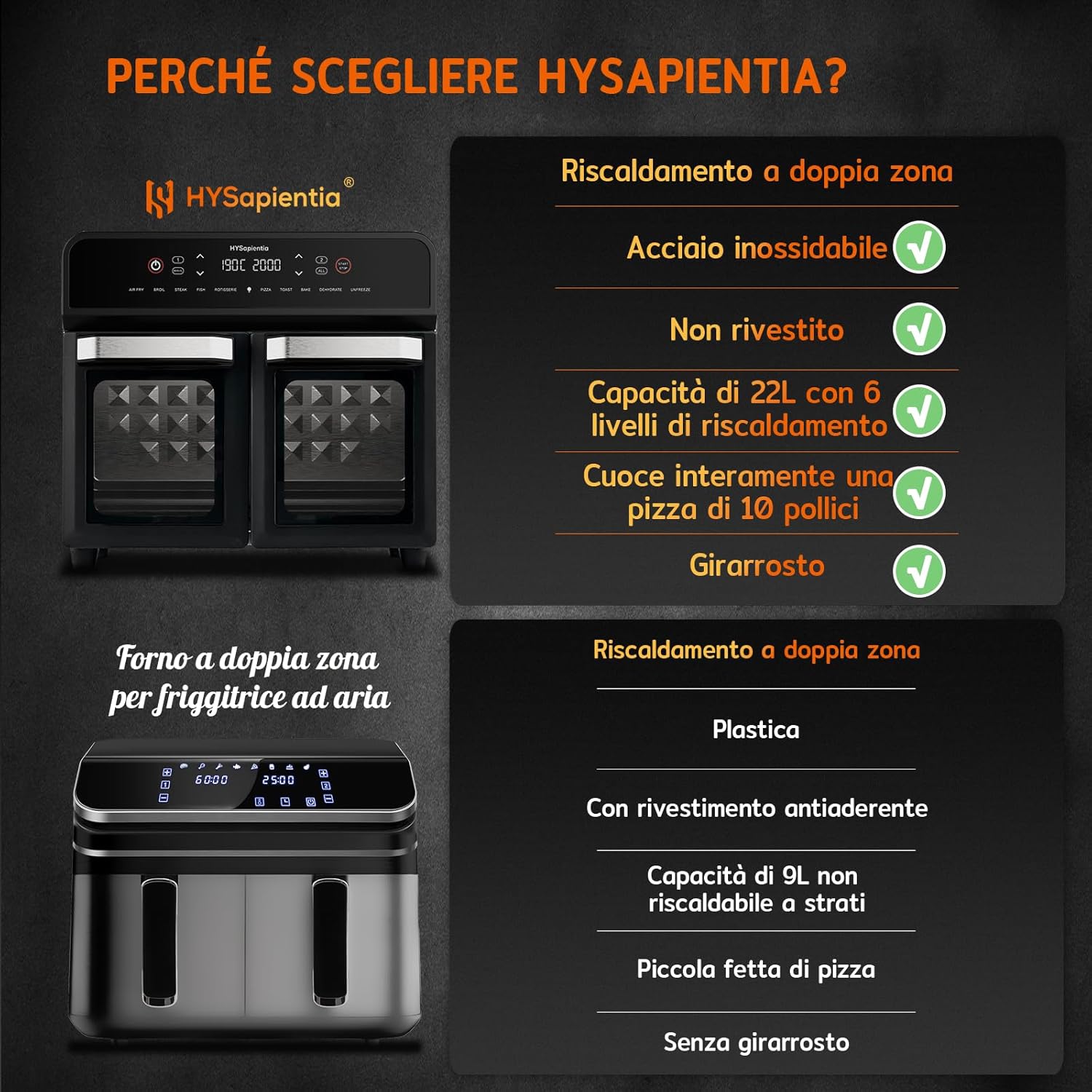 HYSapientia Four de 22 litres, Friteuse à air chaud, double panier, Friteuse à air chaud, 2400 W, 2 paniers en acier inoxydable, 10 fonctions, double température, divisée en deux gammes de serrage – Image 5