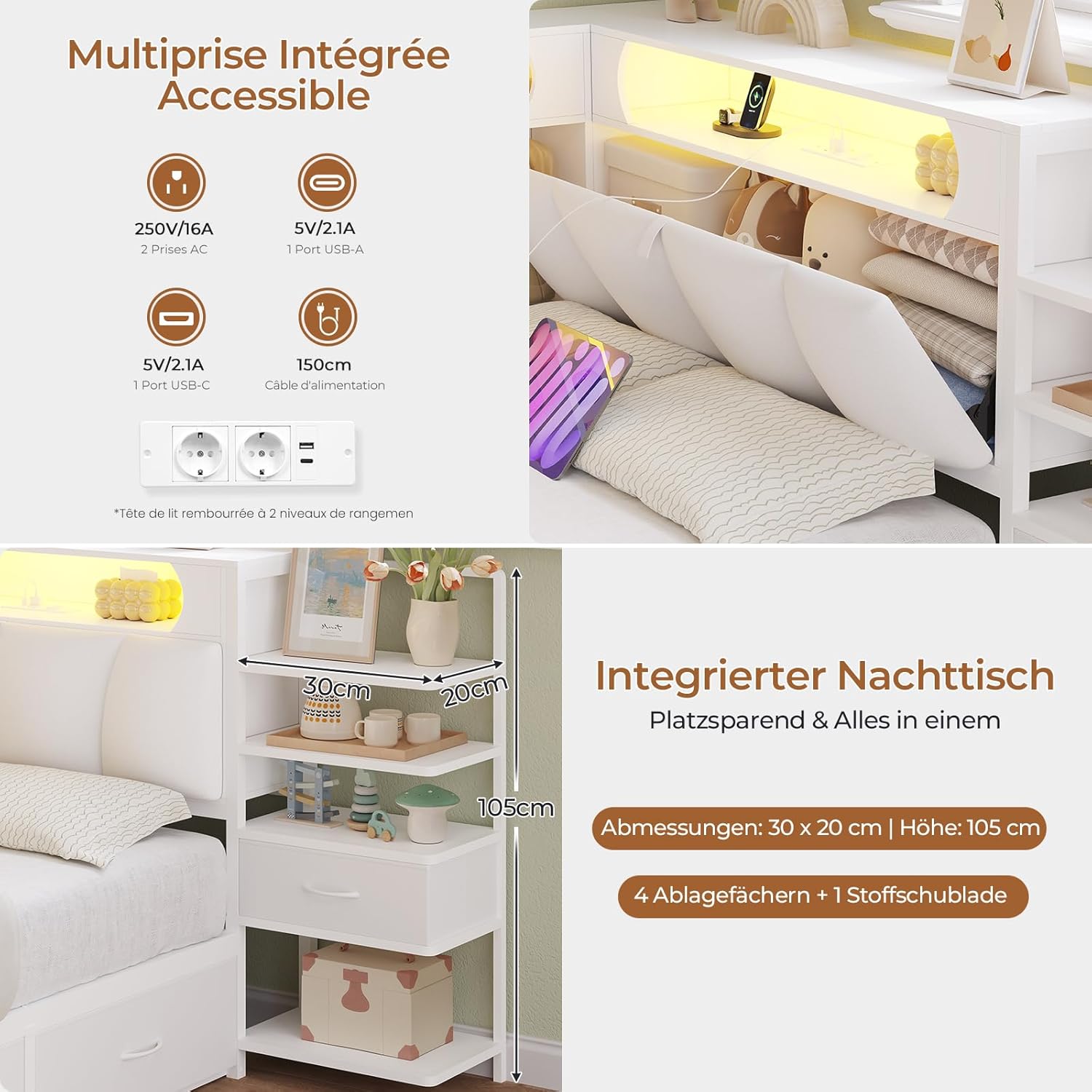 DICTAC Lit 90x190 en L – Banquette-Lit 1 Place avec Tête de Lit Capitonnée (Rangement Secret + Table de Nuit Intégrée), LED RGB & Recharge | Idéal pour Studio & Chambre (Blanc) | 3tiroirs sous le lit – Image 6