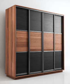 Armoire 4 portes coulissantes – façade bois noir et brun à effet rainuré