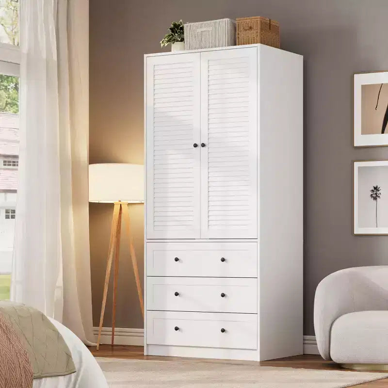 COZONY Armoire Wardrobe with 3 Drawers & 2 Doors, Modern Wooden Closet Cabinet for Bedroom, Heavy Duty White Standing Armoire – Image 11