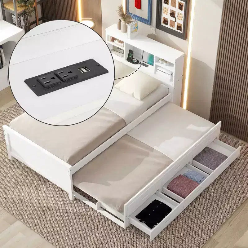 Platform Bed with Trundle and Drawers, Storage Platform Bed with USB, Wood Platform Bed with Bookcase – Image 3