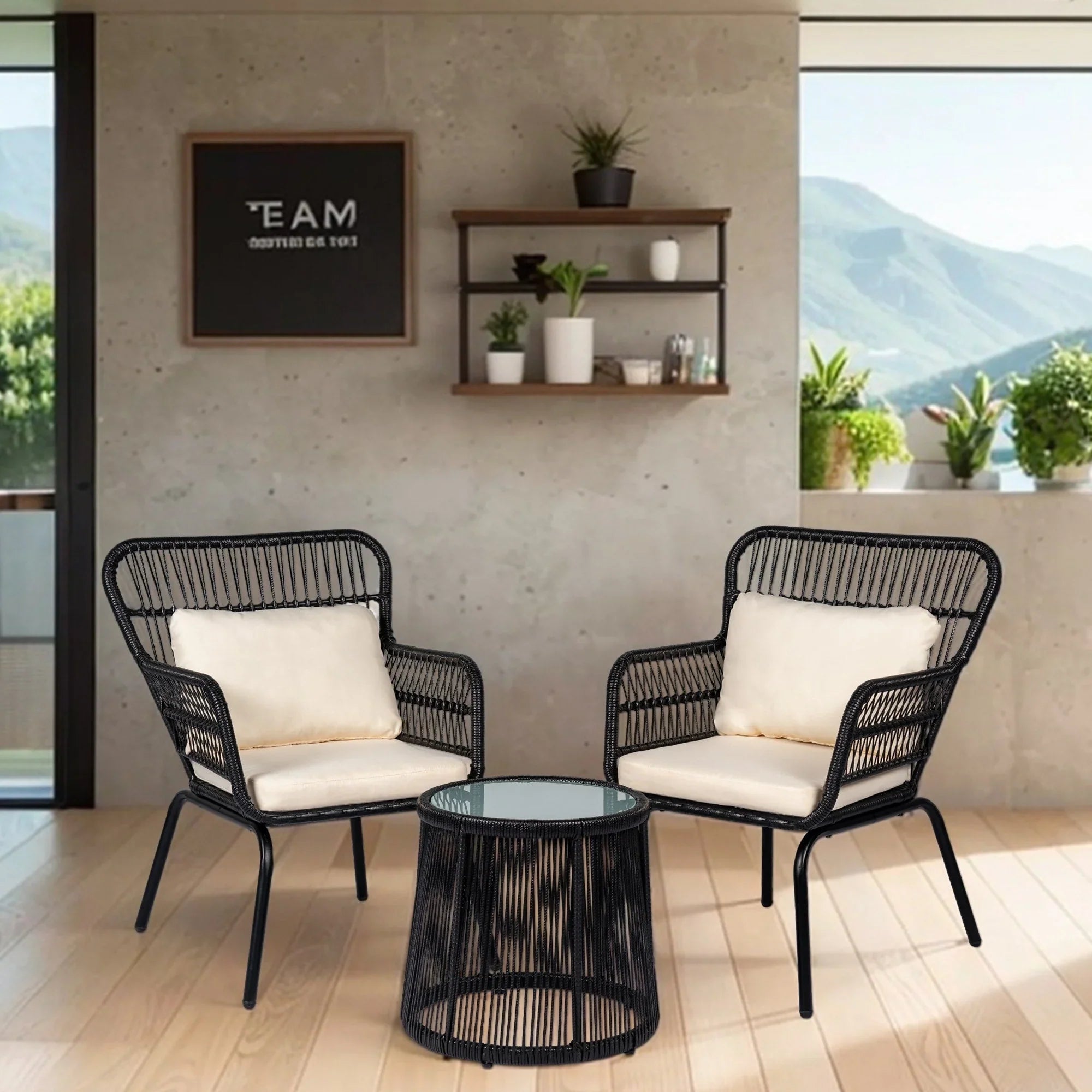 3 Piece Outdoor Wicker Conversation Bistro Set, All-Weather Rattan Furniture Patio Chairs Set with Cushions – Image 32