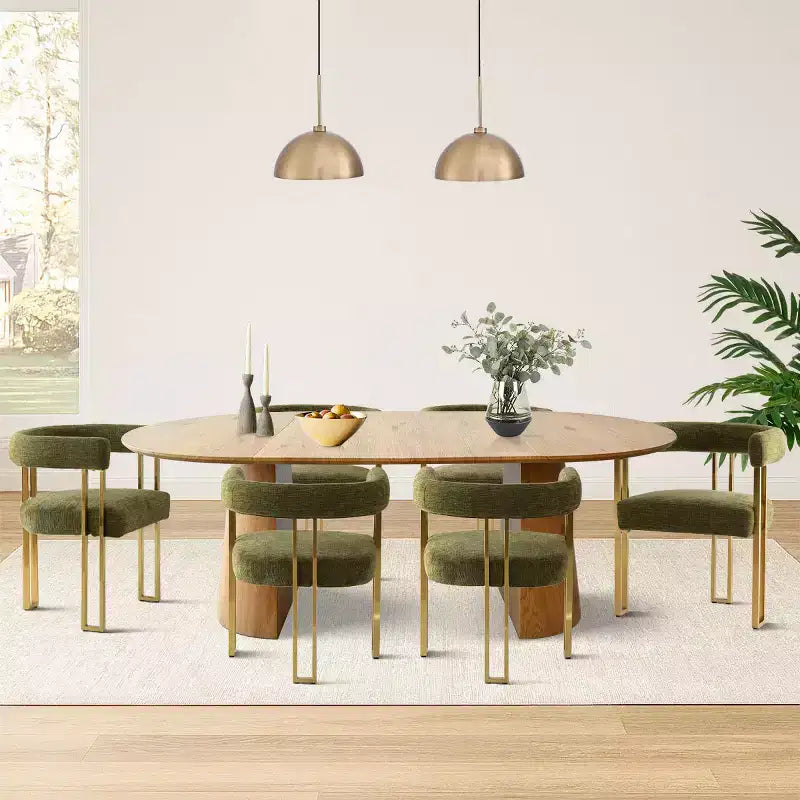 3-in-1 Oval Extendable Dining Table Set with 6 Chenille Upholstered Chairs Featuring Gold Metal Legs, Versatile Dining Furniture-Panipeachy – Image 2