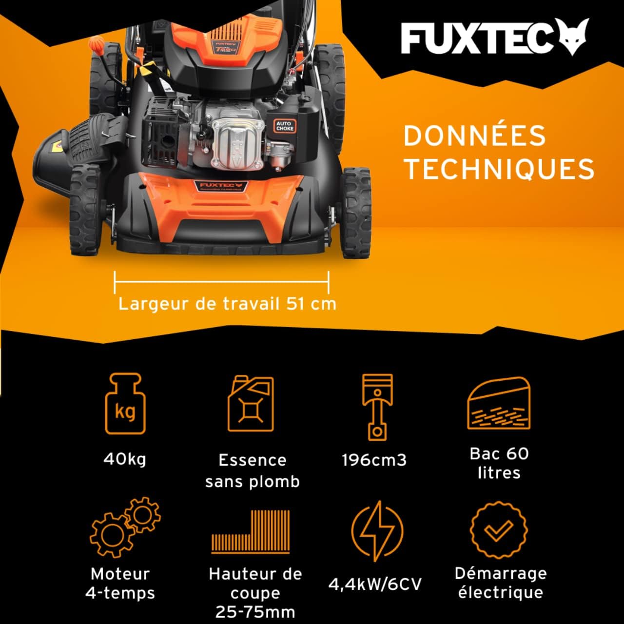 FUXTEC 4en1 Tondeuse Thermique Démarrage Électrique FX-RM5196eS - Largeur de Coupe 51cm, Système autotracté, Fonction Mulching, Réglage Central de la Hauteur de Coupe, 60L Bac de ramassage – Image 3