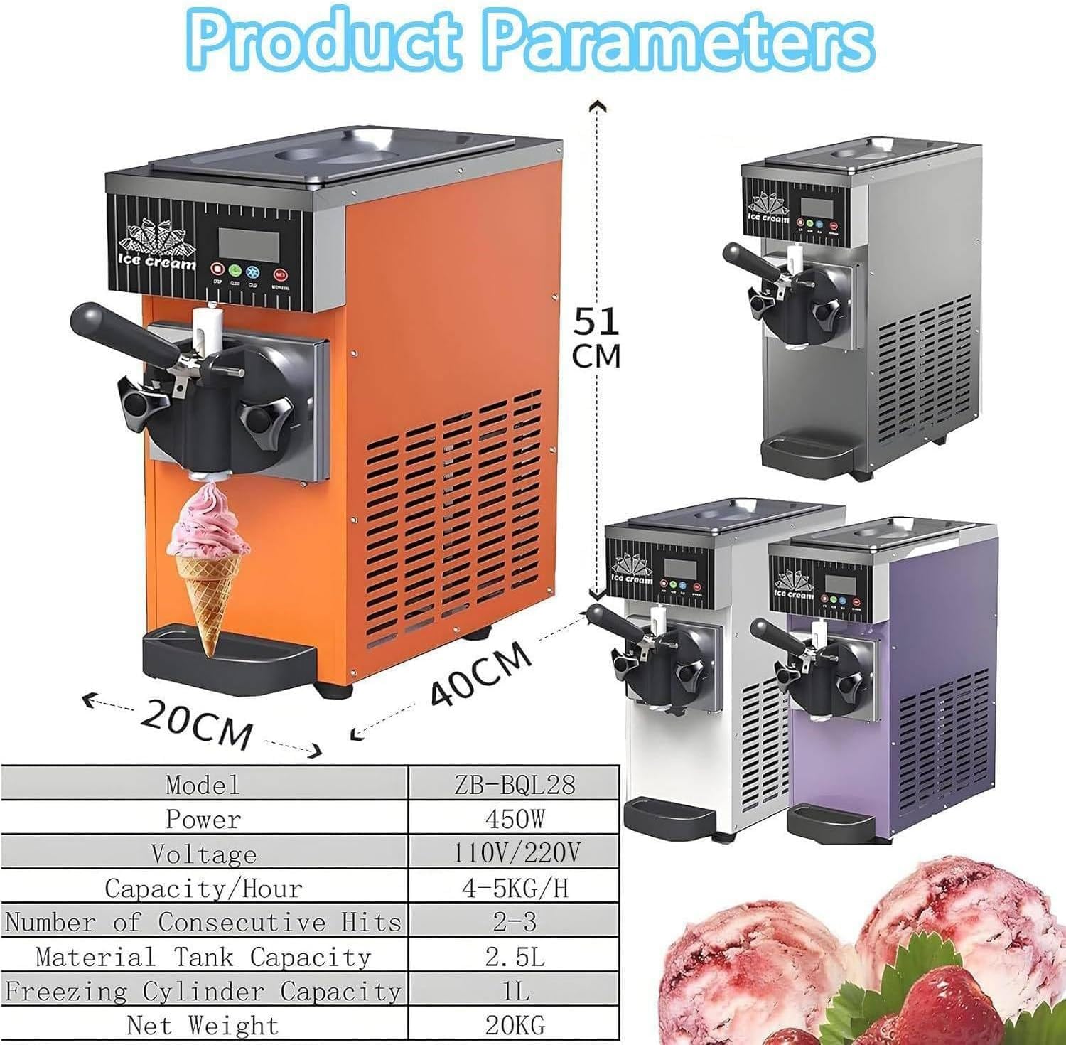 Machine de Fabrication de crème glacée de comptoir Commerciale, Machine à crème glacée Molle à saveur Unique de 4 à 5 kg/h avec Affichage LED et Fonction de Nettoyage Automatique(Purple) – Image 7