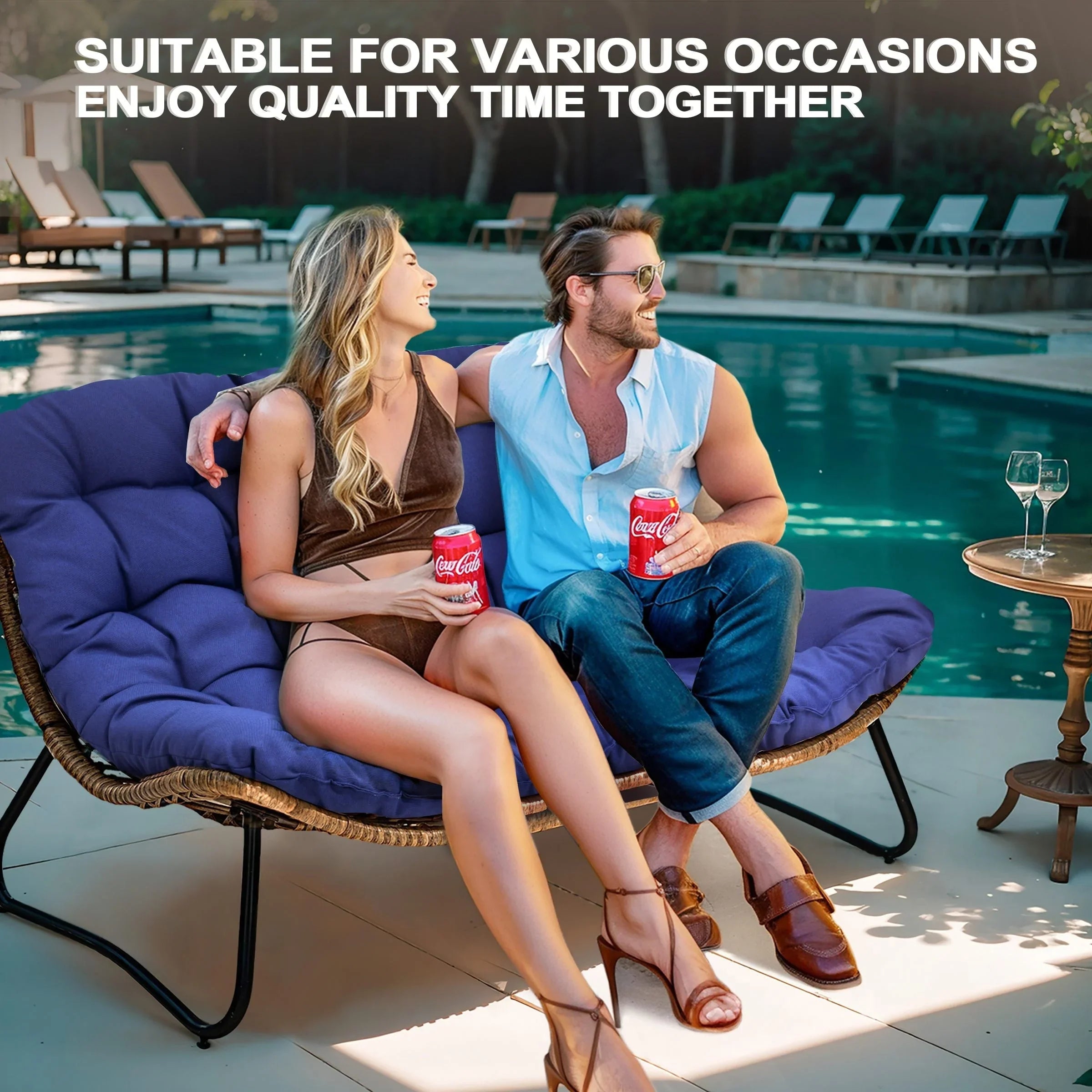 Double Papasan Chair Loveseat with Cushion, All-weather PE Rattan and Metal Frame for Indoor Outdoor – Image 16