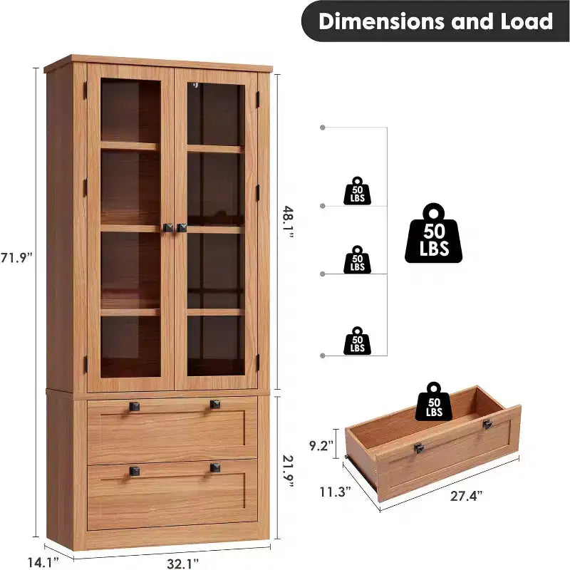 Farmhouse Kitchen Pantry Cabinet with Glass Doors, 72in Storage Cupboard with Drawers and Adjustable Shelves for Dining Room Bathroom Living Room – Image 17