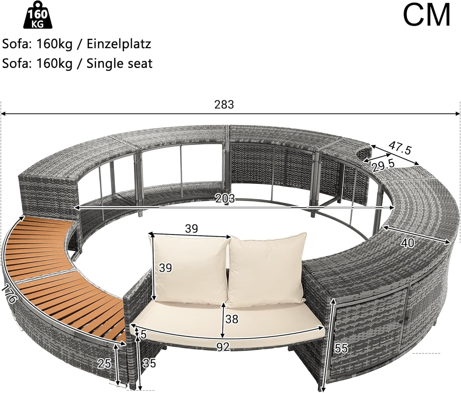 Spa Piscine Salon de Jardin Bordure de Piscine PE Gris Rotin et Bois d'acacia avec Espace de Rangement Salon Salon pour Jacuzzi et Piscine – Image 7