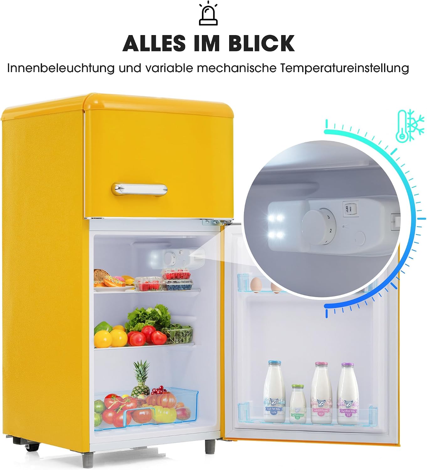 Réfrigérateur-congélateur Style rétro, Deux Portes, capacité Totale de 72 litres, Compartiment congélateur de 21 litres, consommation énergétique de 120 kWh/an, éclairage LED Yellow – Image 5