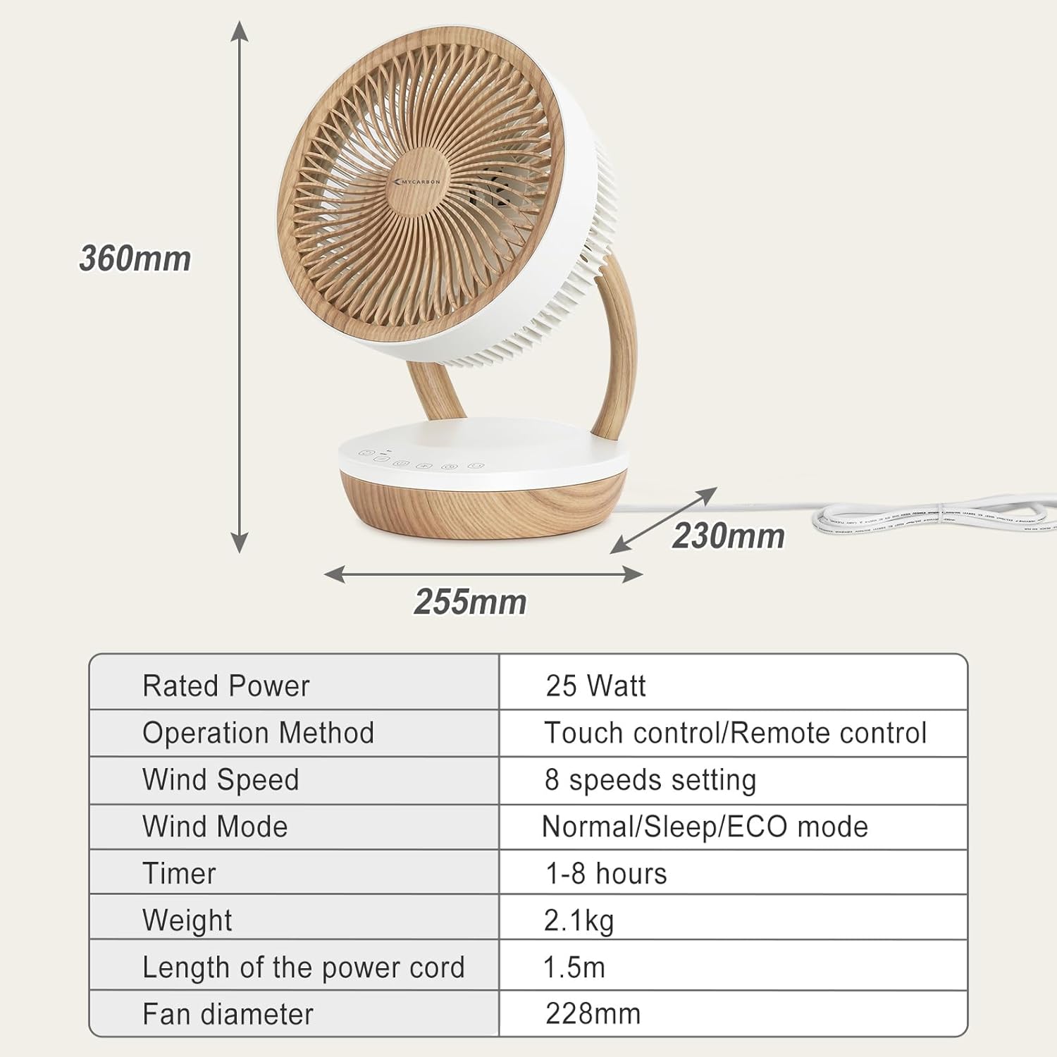 MYCARBON DC Ventilateur Ultra Silencieux 20dB avec Télécommande 1800m³/ h Ventilateur de Table Puissant et Silencieux 8 Vitesses 8h Minuterie 3D Oscillation Mode ECO pour Chambre Bureau, FS05-DC – Image 7