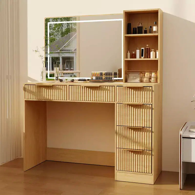 Large Fluted Vanity Desk w/ Lighted Mirror, Modern Makeup Vanity Table w/ 6 Storage Drawers & Hair Dryer Holder for Women Bedroom Dressing – Image 3
