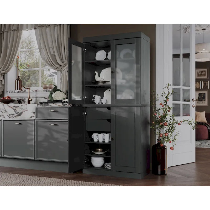 100% Solid Wood Pantry Cabinet with Frosted Glass Doors, Solid Doors, 2-Drawers and Adjustable Shelves – Image 25