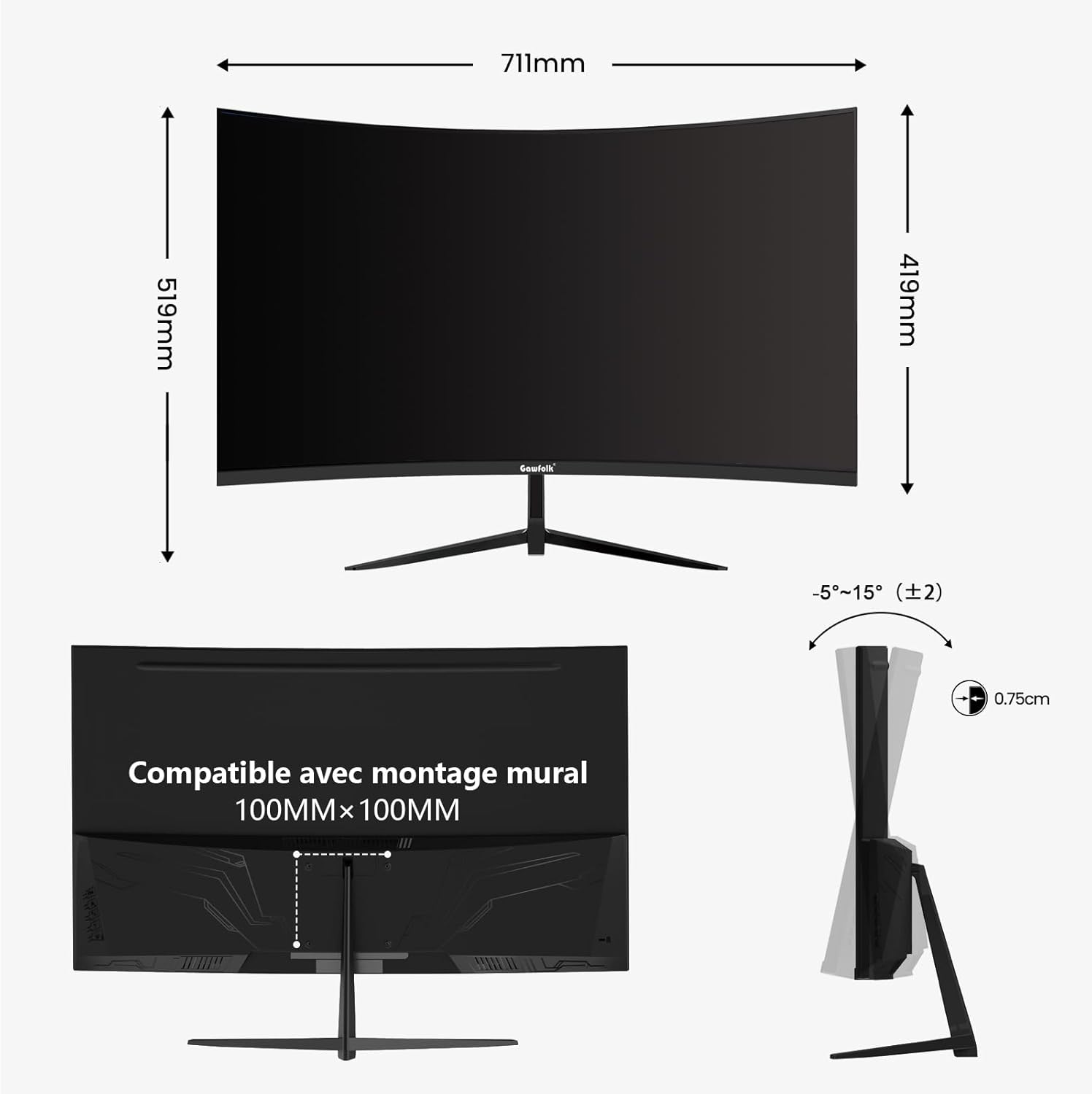 Gawfolk Écran PC 32 Pouces,2K WQHD(2560x1440P),165Hz incurvé Gaming Moniteur, 1ms sans Lunette, 100 pour cent sRGB,178 ° Angle Vue HDMI、DisplayPort, Compatible avec Mural VESA100*100MM - Noir – Image 7
