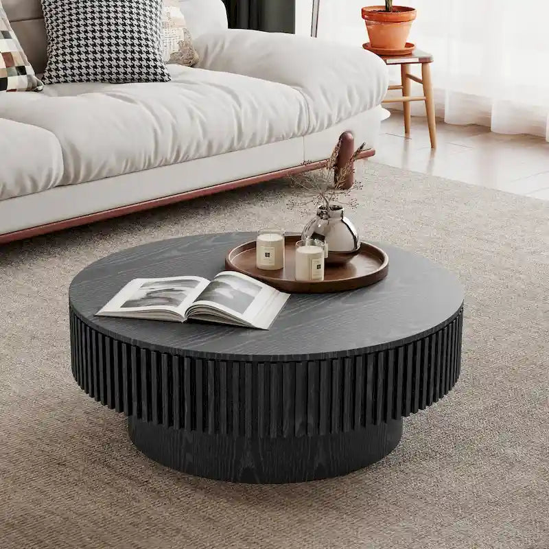 Modern Solid Wood Veneered Round Coffee Tea Table with Storage – Image 28
