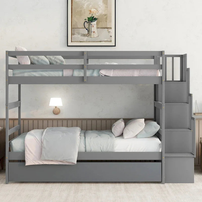 Twin over Twin Bunk Beds With Twin Trundle and Stairway Storage Function in Grey Color – Image 2