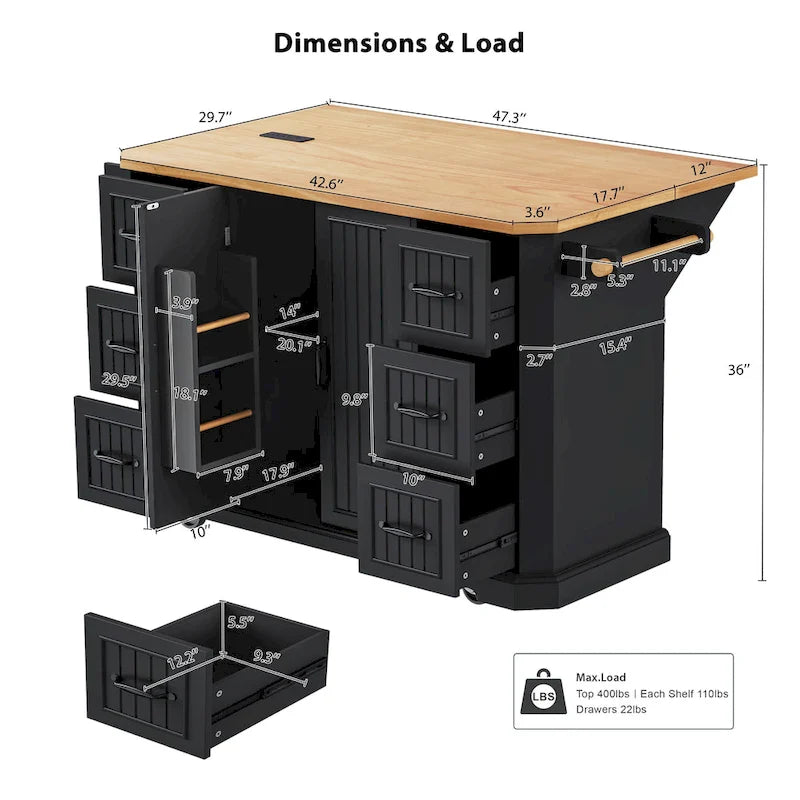 Expandable Drop-Leaf Kitchen Island, Kitchen Cart on 4 Wheels with Power Outlet, Moveable Island Table with 2 Door & 6 Drawers – Image 13