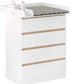 WOLTU Table à Langer + Commode avec 4 Tiroirs, Ensemble Meuble à langer pour Bébé, en Bois d’Ingénierie, Blanc + Chêne Clair, 80x75x109,2cm