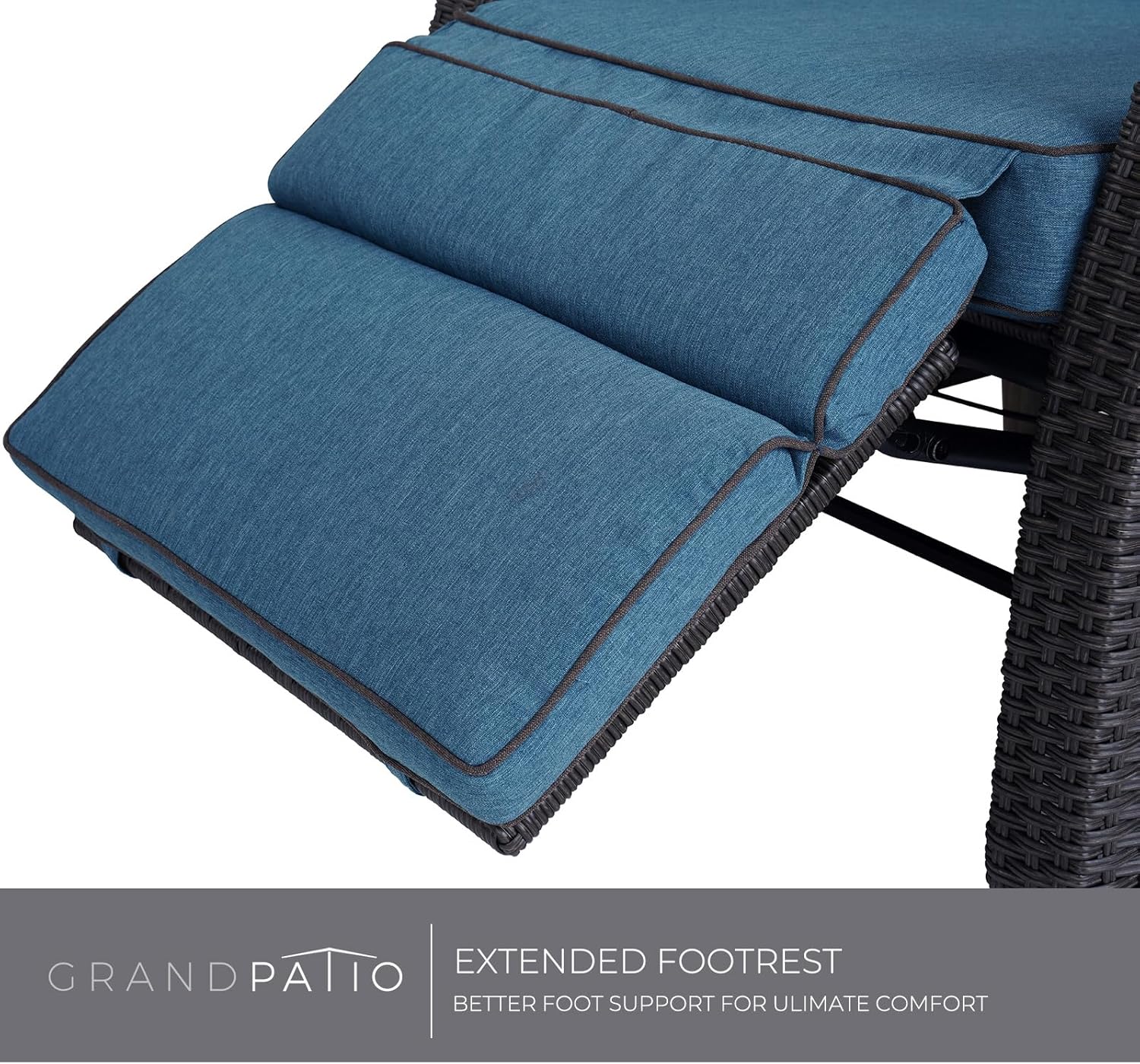 Grand patio Chaise longue inclinable à position réglable avec table rabattable et coussin pour jardin, cour, terrasse, extérieur – Coussin bleu paon et osier marron – Image 9