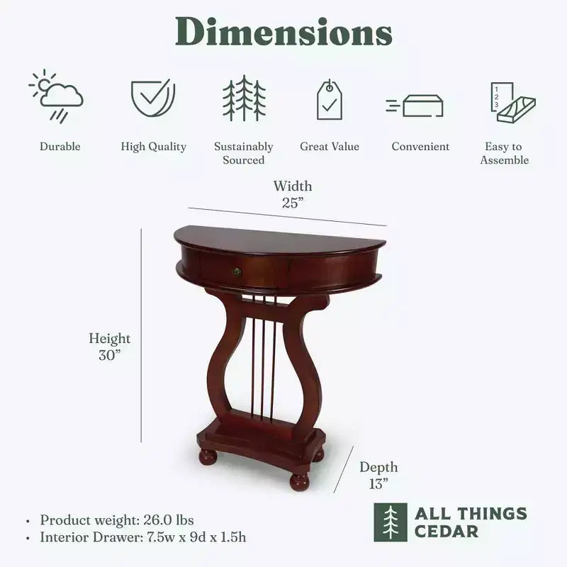 All Things Cedar Wooden Half Moon Harp Console Table with Storage Drawer for Living Room and Entryway Accent Furniture, Classic Accents, Cherry – Image 3