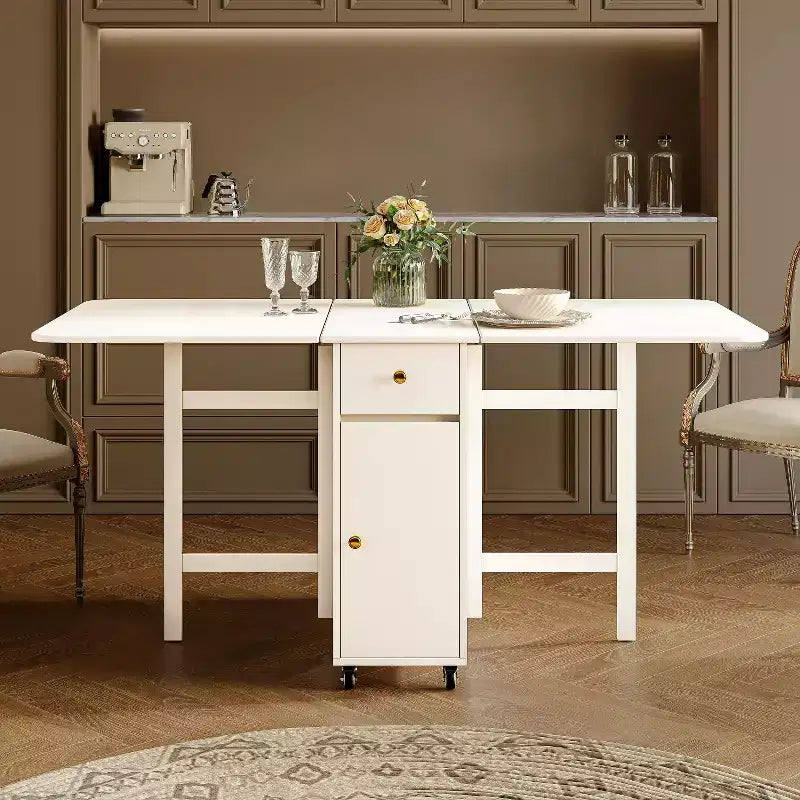 ATJafurn 59'' Foldable Dining Table with Drop Leaves for Small Space, Rectangular Wooden Extendable kitchen Table with Wheels and Storage – Image 15
