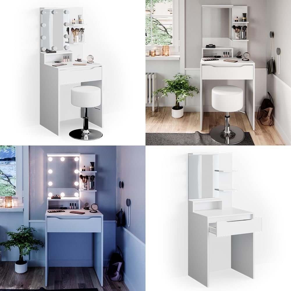 Vicco Coiffeuse Ruben, Blanc, 60 cm avec éclairage LED et Tabouret – Image 8