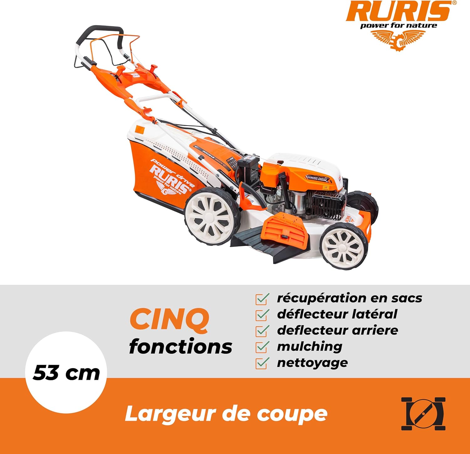 RURIS POWER FOR NATURE Tondeuse à Gazon Thermique 5 en 1 Mulching 5,7 CV 196cc RX500S, Orange – Image 3