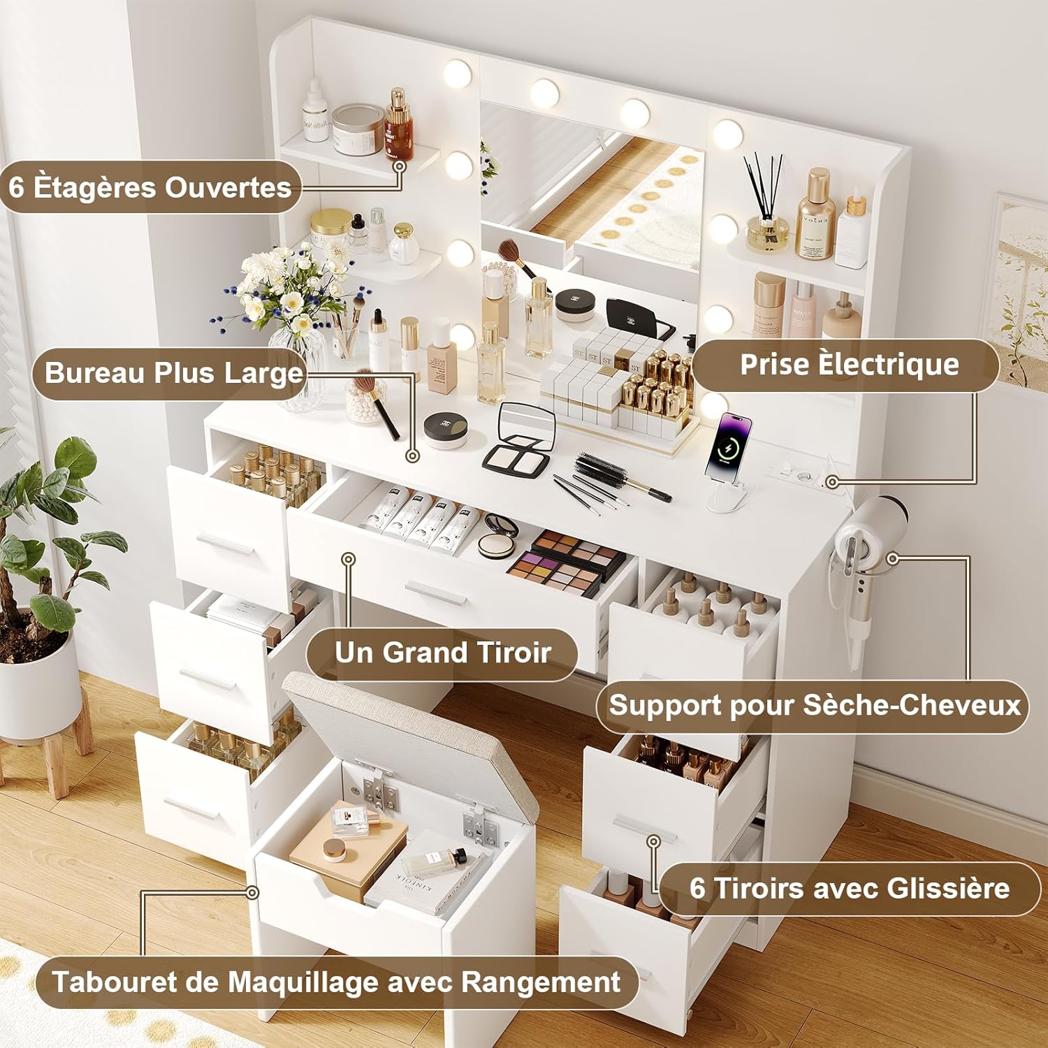Devoko Grande Coiffeuse avec Miroir et Tabouret, Ampoules LED Réglables et Prise de Courant,Table de Maquillage avec 7 Tiroirs et 4 Étagères de Rangement,110 x 40 x 137 cm,Style Moderne Blanc – Image 3