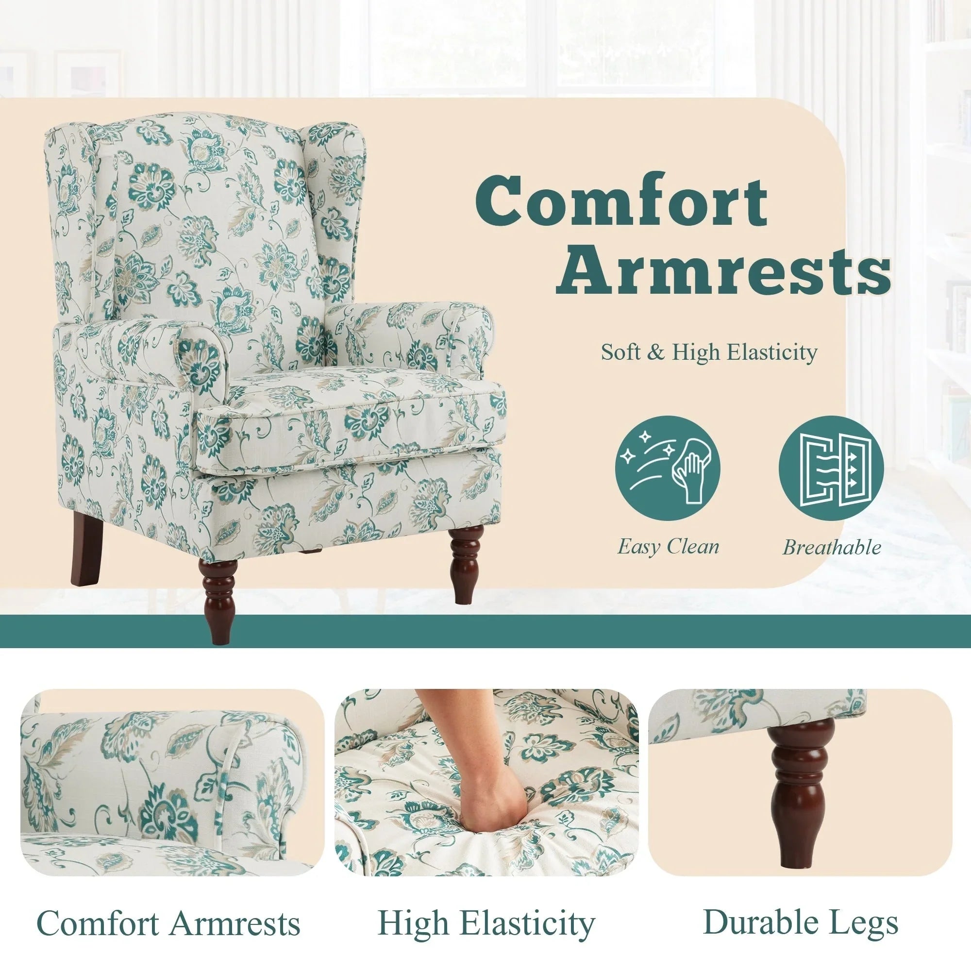 Erommy Modern Accent Chair, High Back Armchair, Upholstered Fabric Button Single Sofa with Wooden Legs for Living Room – Image 141