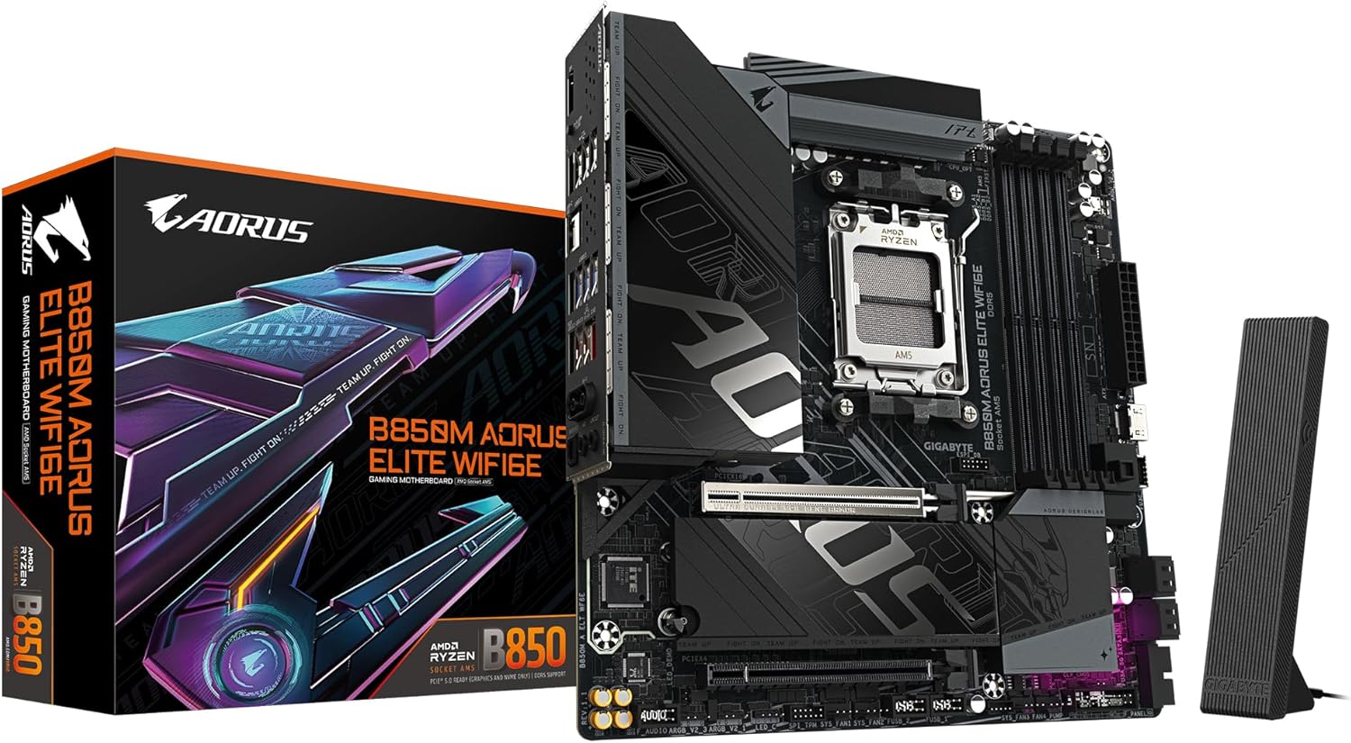 GIGABYTE B850M AORUS Elite WIFI6E Carte mère - Processeurs AMD Ryzen série 9000, VRM numérique 12+2+2 Phases, jusqu'à 8200 MHz DDR5 (O.C.), 1x M.2 PCIe 5.0 + 1x M.2 PCIe 4.0, Wi-FI 6E, LAN 2.5 GbE