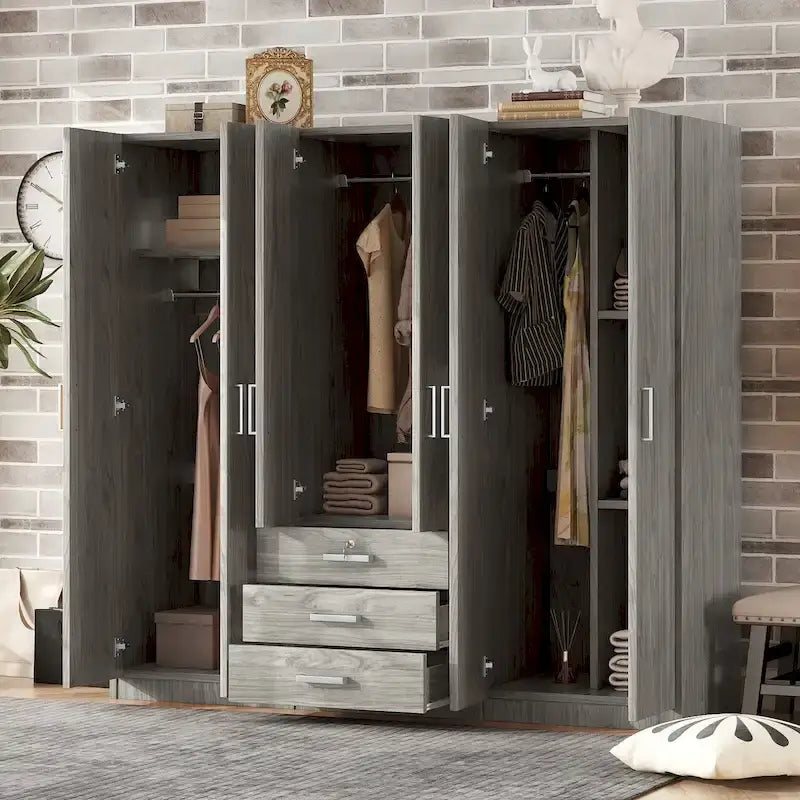 6-Doors Wooden Wardrobe Storage with 3 Big Drawers for Bedroom – Image 3