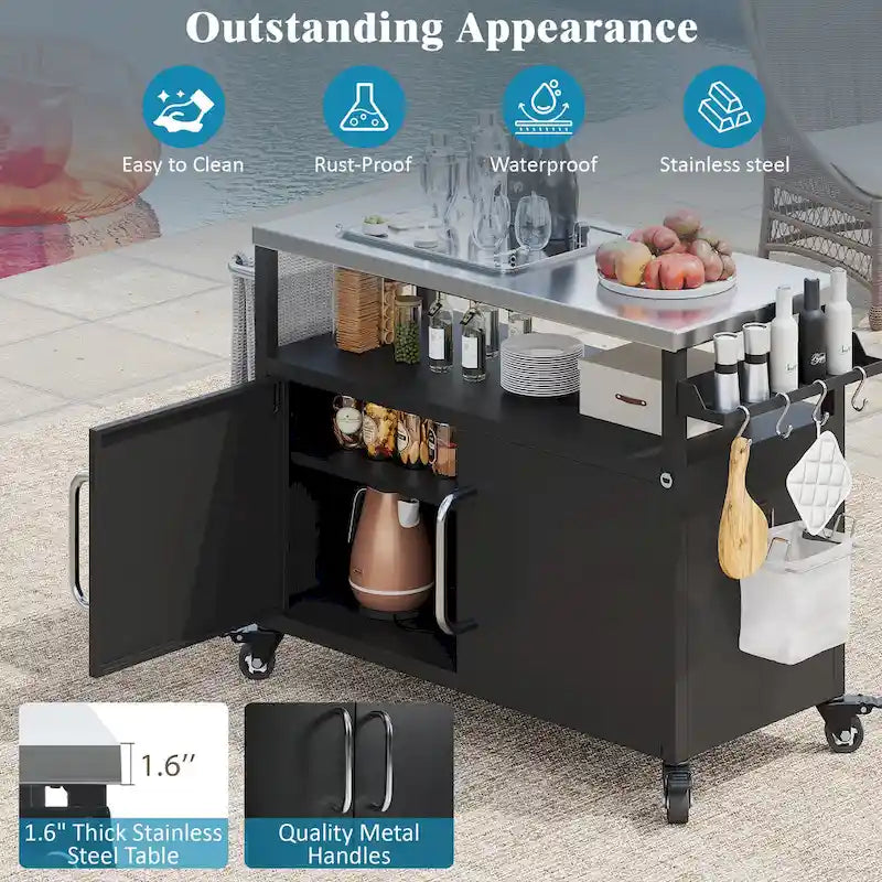 Outdoor Kitchen Island With Stainless Steel Tabletop,Metal Grill Cart Table With Storage Cabinet - N/A – Image 8