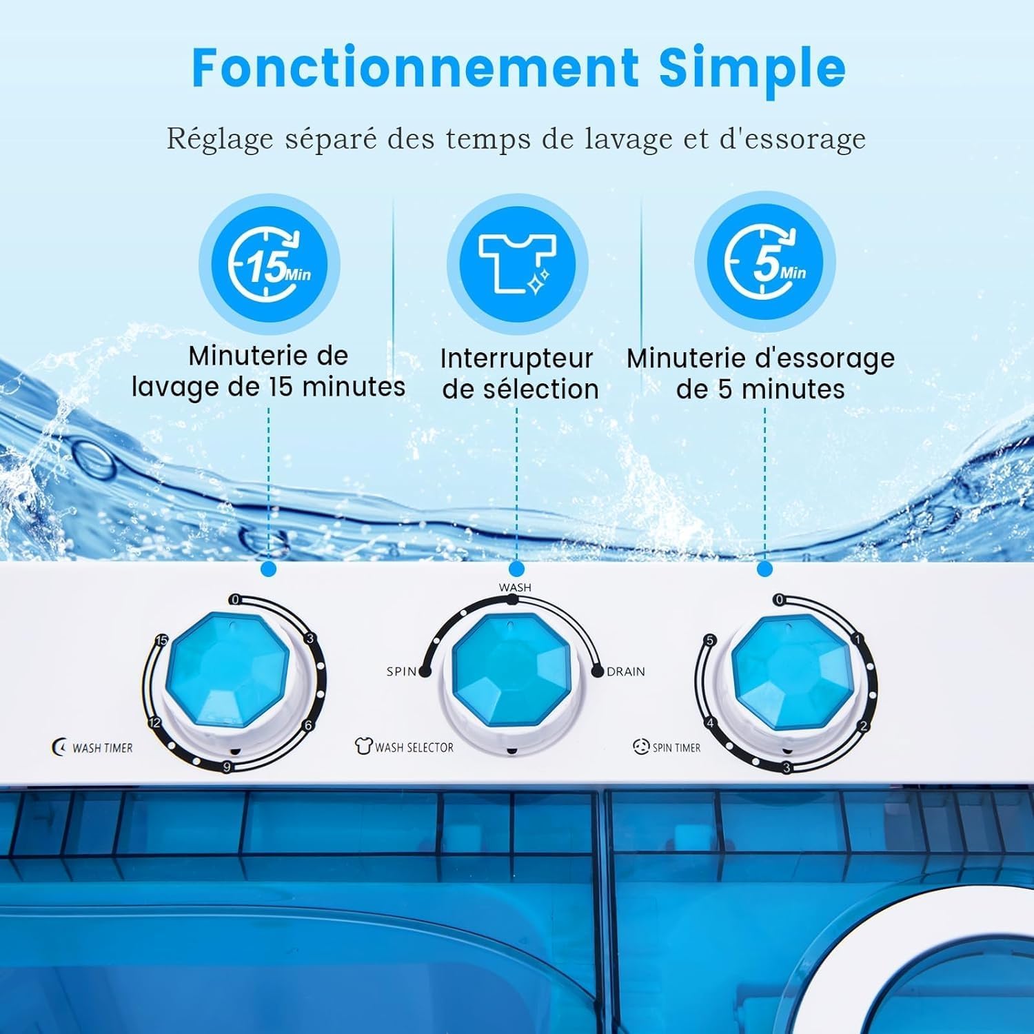 RELAX4LIFE Mini Machine à Laver à 2 Cuves Capacité 8,5 KG, Lave-Linge Semi-Automatique avec Minuteur & Essoreuse, Lave-Linge Portable Compact pour Appartement Dortoir Maison (Bleu | 8,5 KG) – Image 4