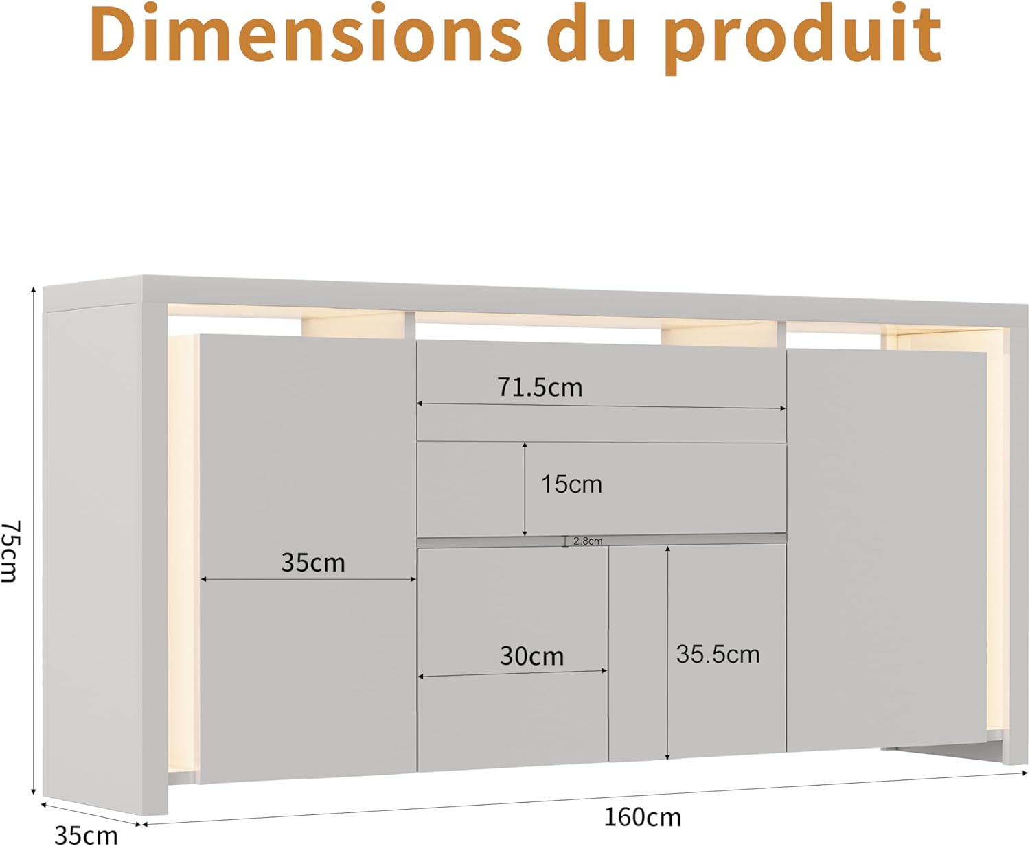 LONELYO Buffet Blanc Laqué 4 Portes2 Tiroirs avec Éclairage LED, Meuble de Rangement Moderne pour Salon, Cuisine ou Entrée, Design Haut Brillant Blanc – Image 2