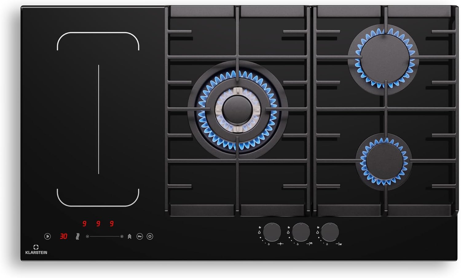Klarstein MultiChef 5 Plaque Induction Et Gaz - 5 Zones, Flexzone, 10,6 Kw, Commande À Glissière, Stop&Go, Minuterie, Noir, 87,5 Cm
