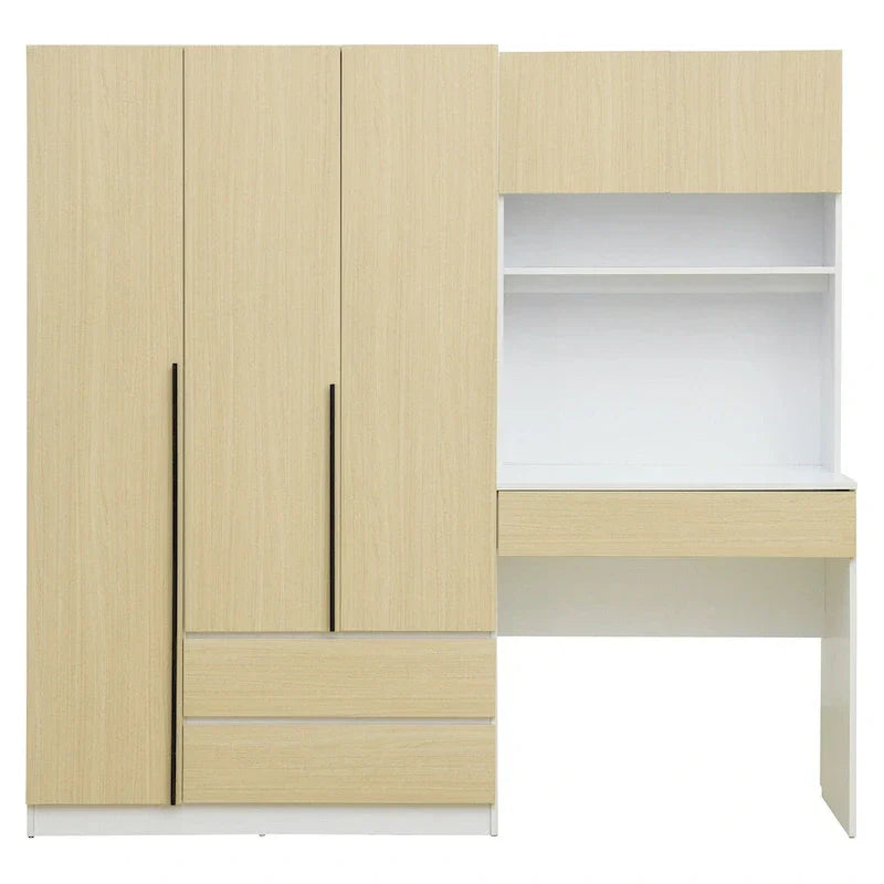 3-in-1 Wardrobe Closet with Vanity Desk, Desk Set, Bedroom Armoire with 2 Drawers 3-Door Storage Desk Wardrobe – Image 18
