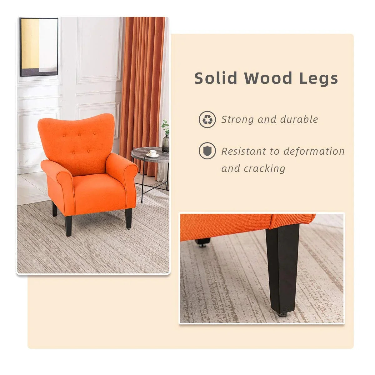 Erommy Modern Accent Chair, High Back Armchair, Upholstered Fabric Button Single Sofa with Wooden Legs for Living Room – Image 39