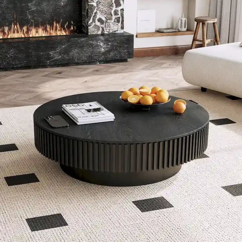 Modern Solid Wood Veneered Round Coffee Tea Table with Storage – Image 30