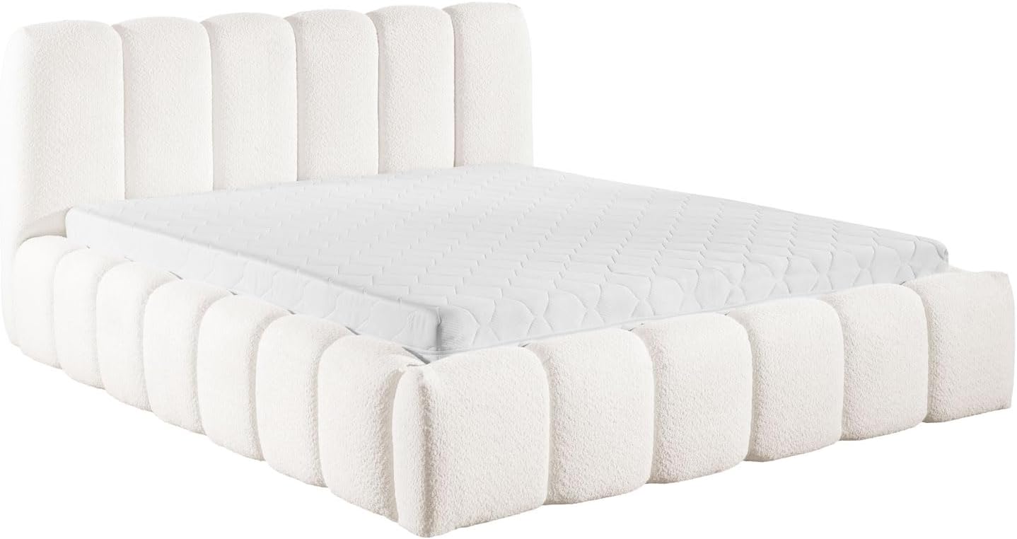 FURNISTAR MIA Lit capitonné avec coffre de lit, lit 140 x 200 cm, lit double avec espace de rangement et sommier à lattes, aspect lit à sommier tapissier, sans matelas, chambre à coucher - Blanc – Image 3