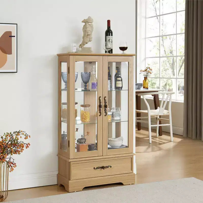 Lighted Glass Curio Cabinet with Adjustable Shelves - Elegant 2-Door Display Cabinet & Built-in Drawer, Includes Bulb – Image 4