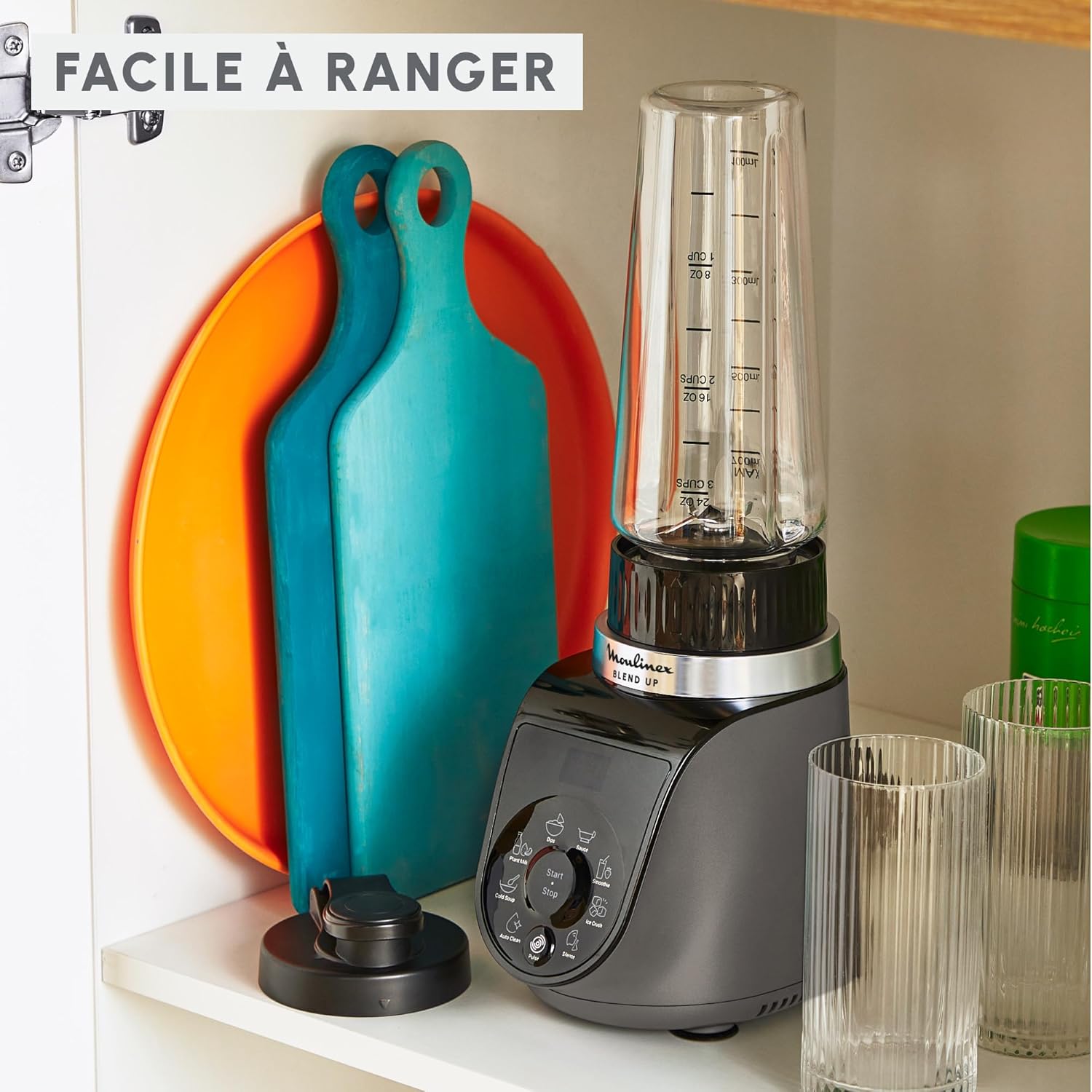 Moulinex Blend Up, Mini blender puissant, 1 000 W, 8 programmes automatiques, Glace pilée LM19H4F0, Gris Etain – Image 8