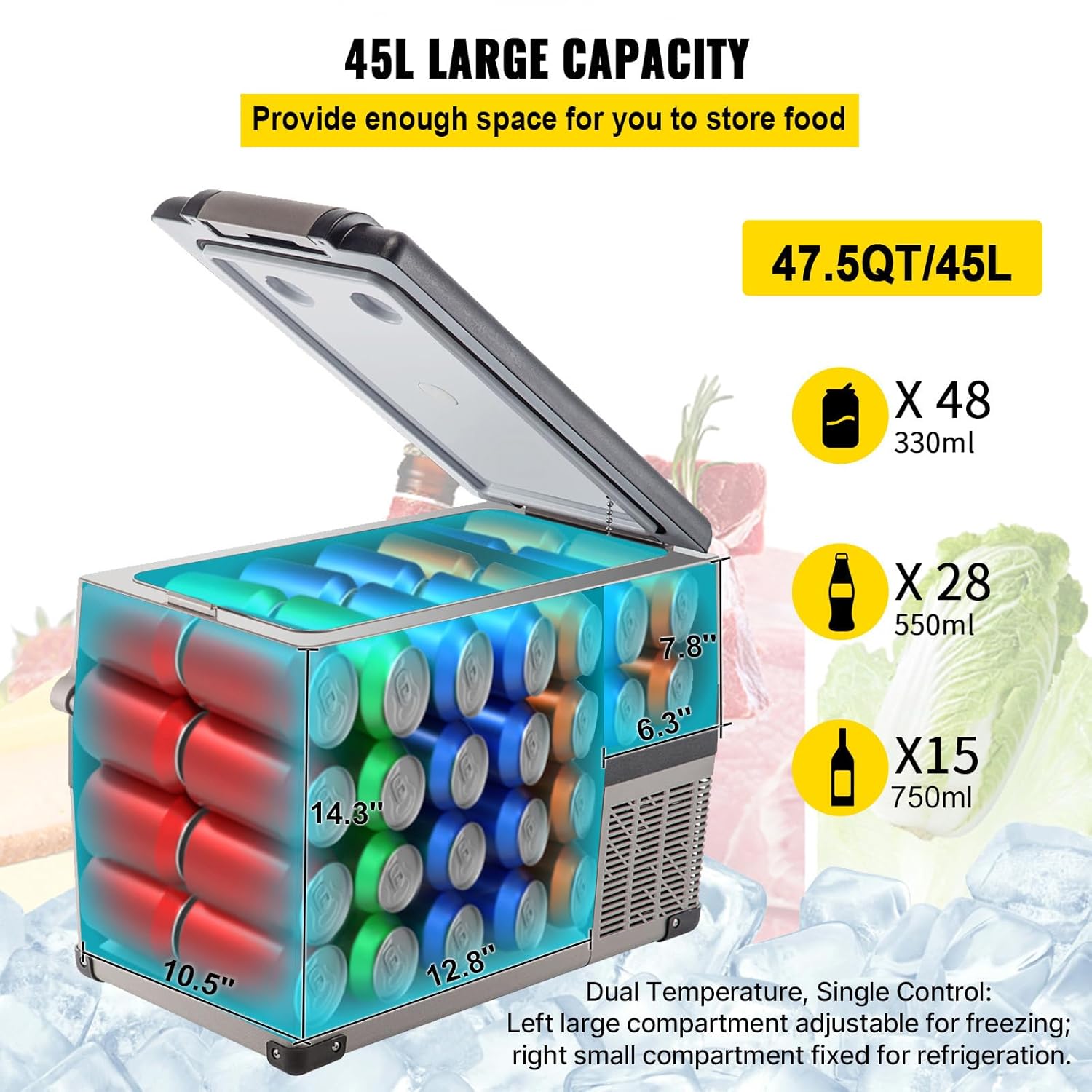 VEVOR Réfrigérateur Portable à Compression 45 L,Réfrigérateur de Voiture 693 x 345 x 456 mm,Mini Frigo Glacière Électrique 60W Réfrigération Rapide Conduite Sécurisée pour Maison/Voiture/Camping – Image 3