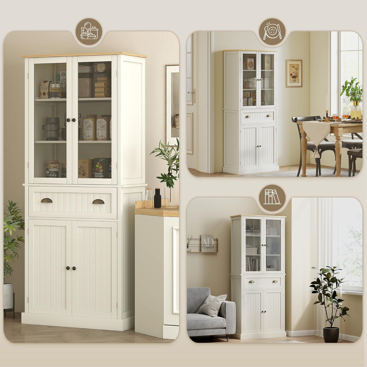 HOMCOM Buffet Meuble Cuisine Rangement Armoire de Cuisine 4 Portes Dont 2 Portes vitrées et 1 tiroir Hauteur 182,5 cm avec étagères réglables - Beige – Image 8