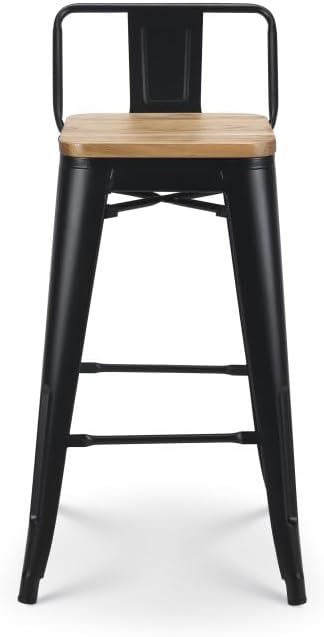 Kosmi Lot de 4 tabourets de Bar en métal Noir Mat Style Industriel avec Dossier et Assise en Bois Clair - Hauteur 66cm – Image 5