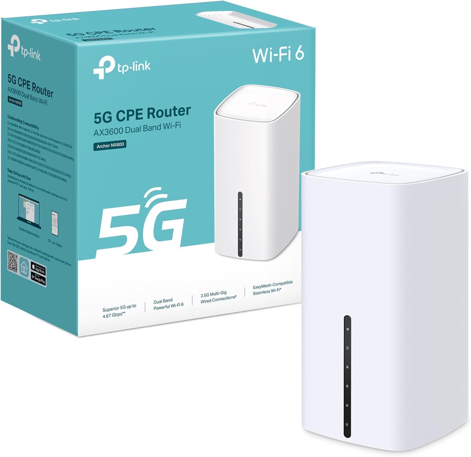TP-Link Archer NX600 Routeur Wi-Fi 5G LTE, carte SIM 5G, AX3600 double bande Wi-Fi 6, 1 port 2,5 G + 2 ports 1G, gestion Web et application, plug and play