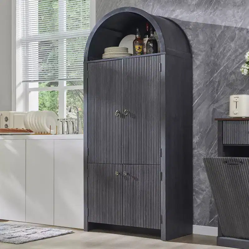 71 Tall Arched Kitchen Pantry, Modern Storage Cabinet with 3 Adjustable Shelves, 6 Door Shelves, for Kitchen, Living Room – Image 11
