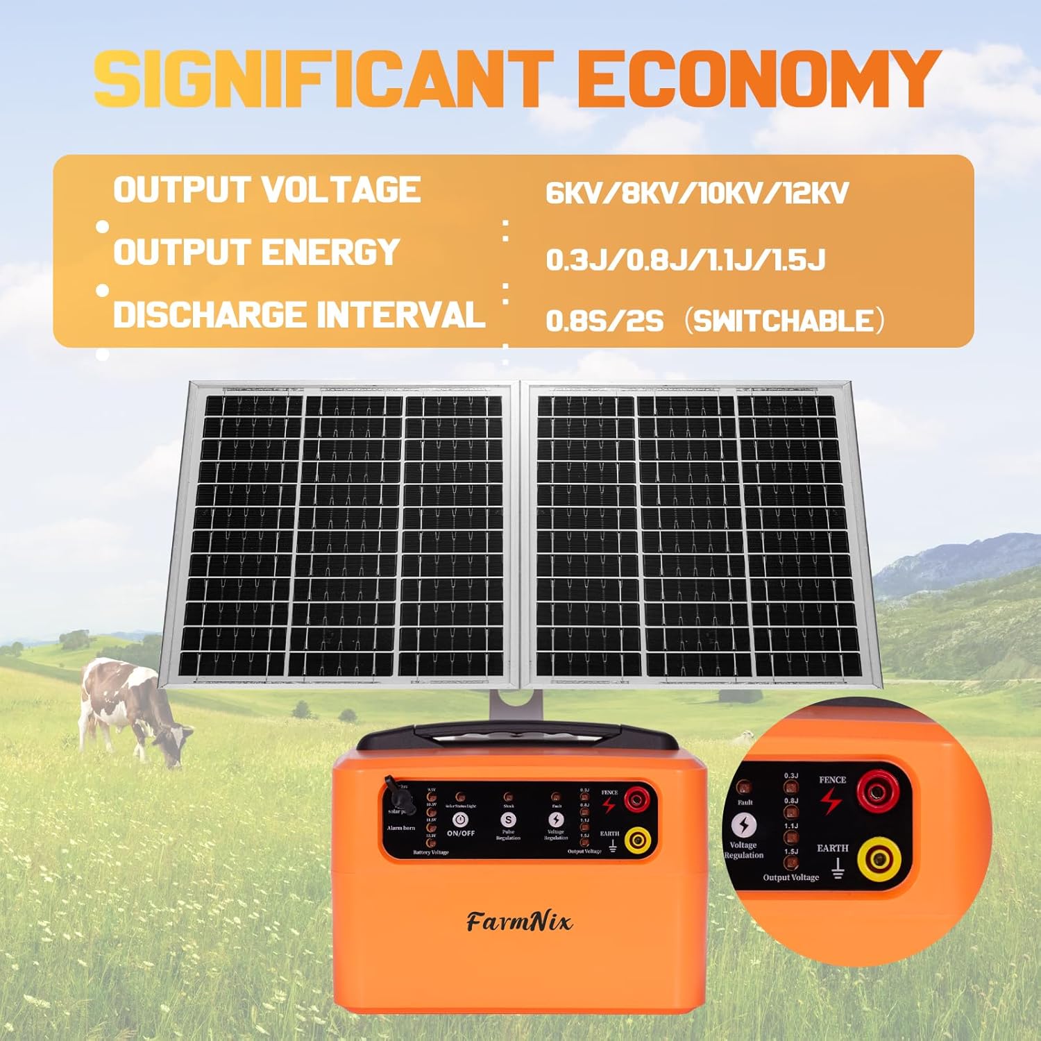 FarmNix 48KM Électrificateur Clôture Electrique Solaire, 6KV-12KV avec Panneau Solaire 15W & Batterie 7Ah 12V, 0.3-1.5J pour élevage d'animaux de berger, pour ferme, pâturage, jardin – Image 4