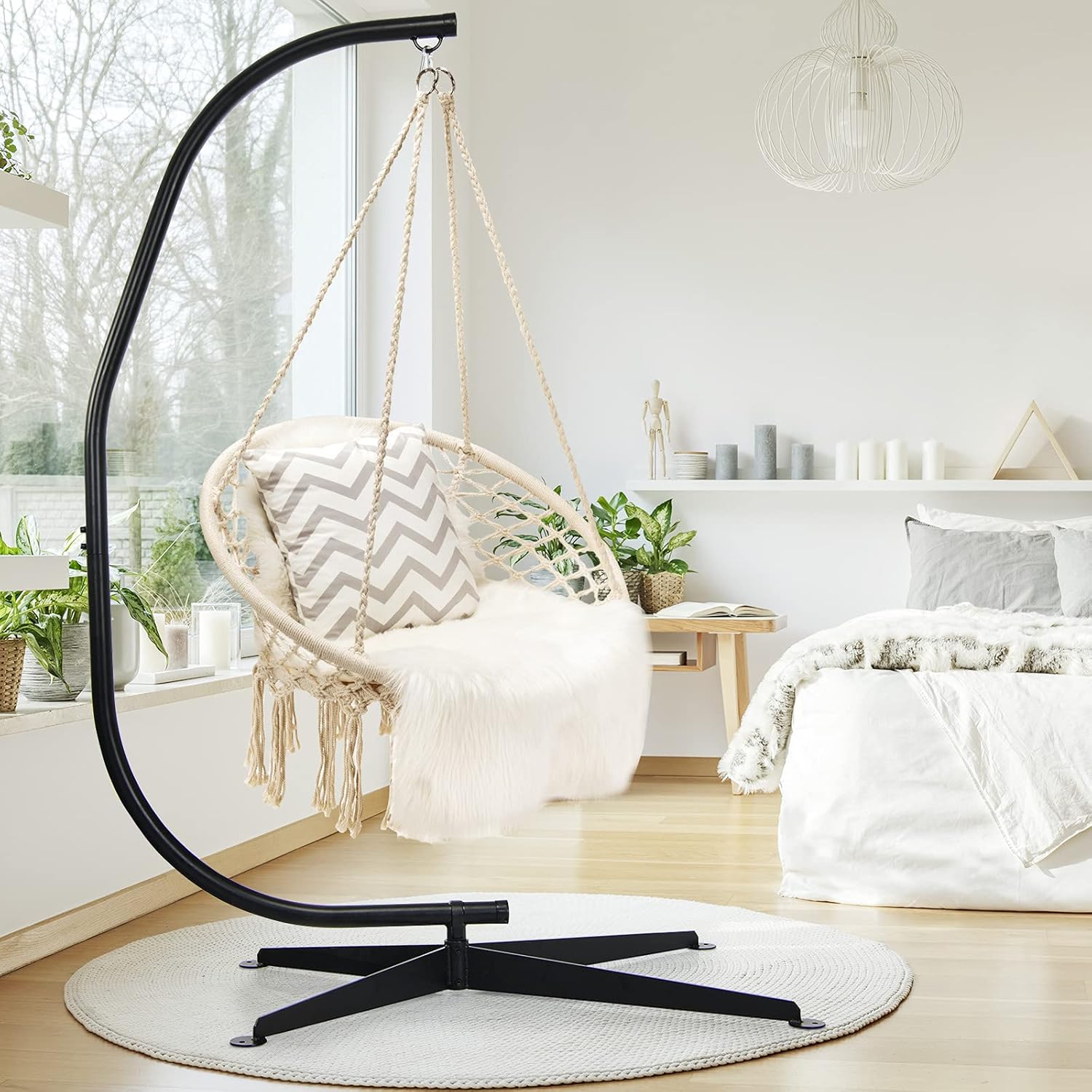 GIANTEX Support Fauteuil Suspendue Structure Métallique Robuste, pour Fauteuil Hamac Suspendu d'Intérieur et d'Extérieur/Balançoire Nid d'Oiseau, Charge de 150 kg, 111 x 84 x 207 cm, Noir – Image 7