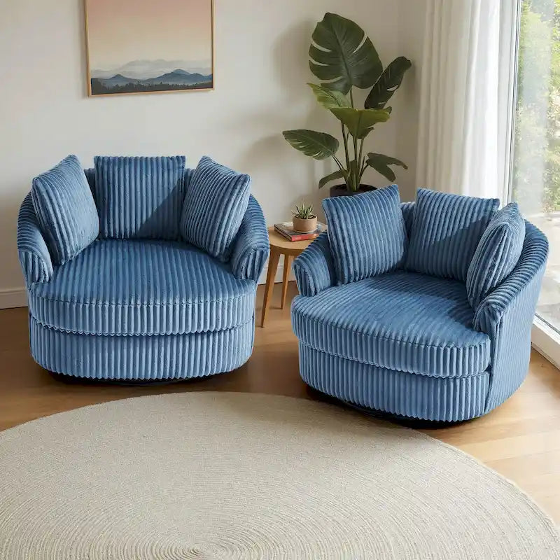 2 Set Oversized 43 W Plush Corduroy Swivel Barrel Chair with Pillows – Image 6