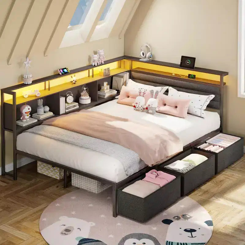 Black Full Bed Frame with LED Lights Charging Station Storage Bookcase 3 Drawers Upholstered Headboard Corner Daybed No Box Spring Support