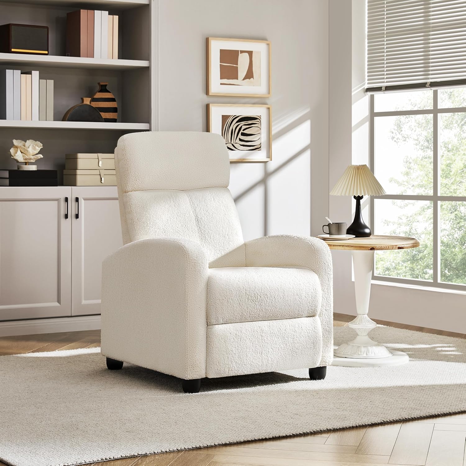 Yaheetech Fauteuil de Relaxation Chaise de Détente Siège de Canapé Fauteuil en Tissu Bouclette Doux avec Repose Pied/Chambre à Coucher/Home Cinéma/Salon Ivoire – Image 2